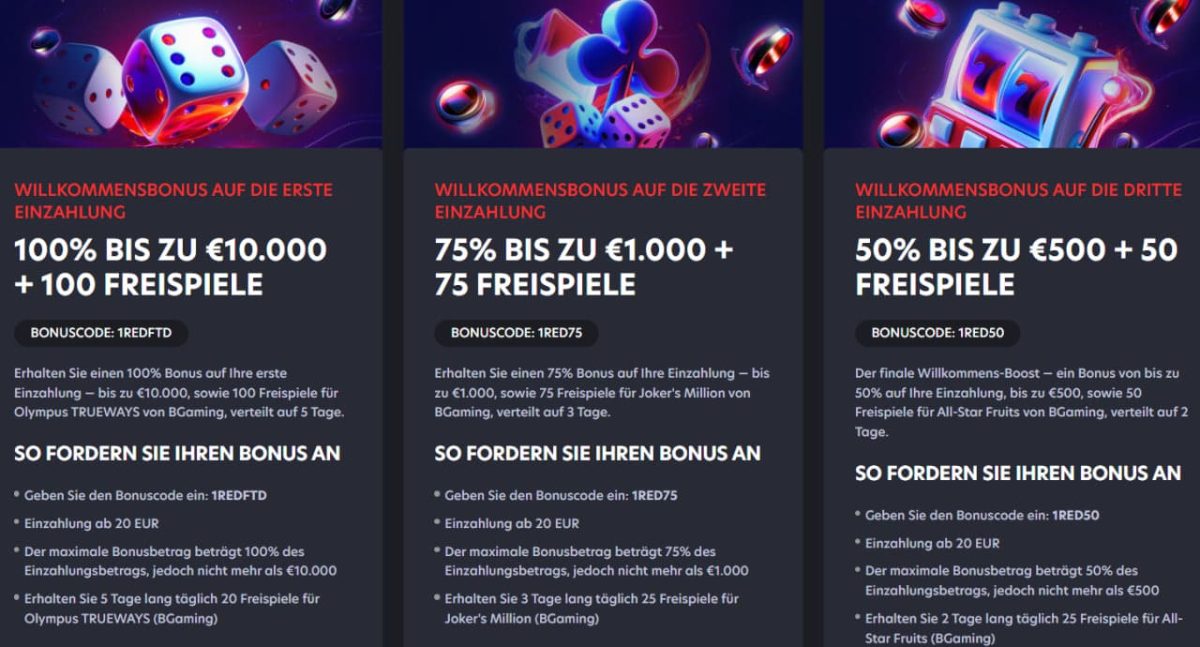 Boni und Promotionen bei 1RED Casino – Übersicht der Angebote image 2